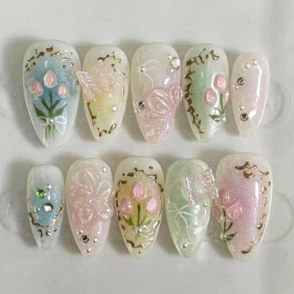 Picture of LBPEPAMZ Colorful Press on Nails Medium Almond Fake Nails with 3D Flower Butterfly Designs Muti Colorful Gradient Acrylic Nails False Nails Stiletto Full Cover Glossy Stick on Nails for Women 24Pcs