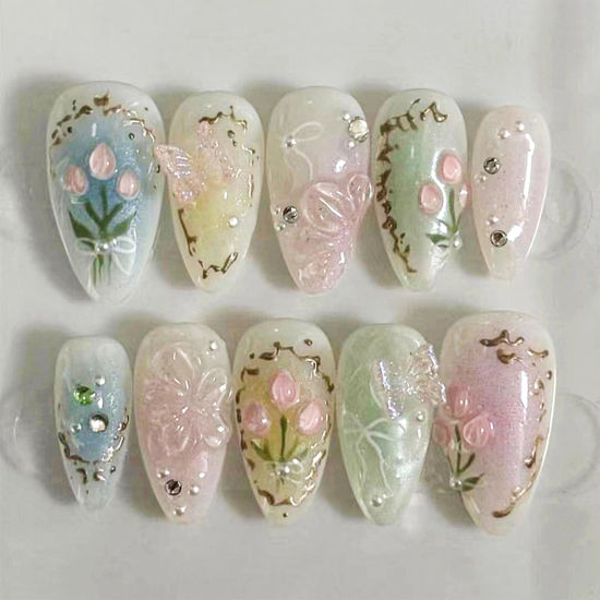 Picture of LBPEPAMZ Colorful Press on Nails Medium Almond Fake Nails with 3D Flower Butterfly Designs Muti Colorful Gradient Acrylic Nails False Nails Stiletto Full Cover Glossy Stick on Nails for Women 24Pcs