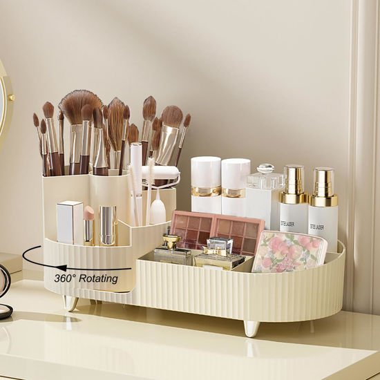 Picture of Makeup Organizer Countertop Rotating Makeup Organizer for Vanity Large Capacity Cosmetic Display Case with Makeup Brush Holder Cosmetic Organizer Countertop（Cream）