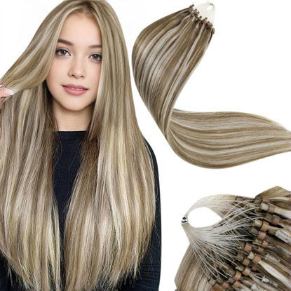 Picture of LaaVoo Micro Link Hair Extensions Human Hair Light Brown Highlighted Platinum Blond Micro Loop Hair Extensions Real Human Hair Cold Fusion Remy Micro Ring Hair Extensions Human Hair 18 Inch 50g/50s