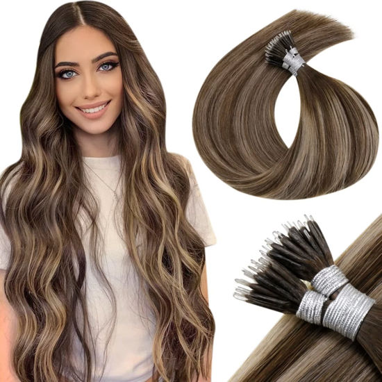 Picture of LaaVoo Nano Tip Human Hair Extension, 18 Inch, Balayage Brown to Ash Blonde, 50g, 50 Pieces, Silky Straight, Microlink, Nano Tip, Remy Hair