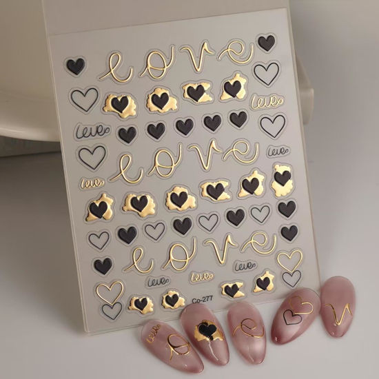 Picture of Black Heart Nail Stickers Decals Gold Line Nail Decals for Nail Art Self Adhesive Valentine's Day Nail Decals Love Nail Design for Women 5D Embossed Nail Supplies Nail Art Decorations