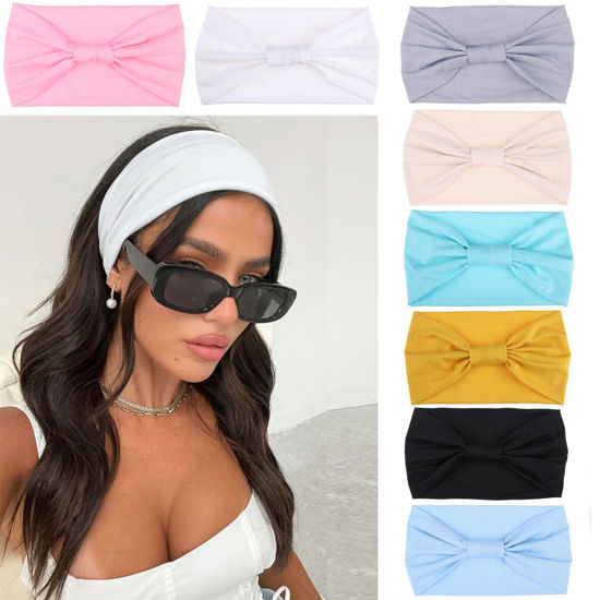 Picture of Xtrend 8 Pcs Boho Wide Bandanas Women's Anti-Slip Ties Fashion Headband For Girls Out Outdoor Yoga Solid Color Hair Accessories （Pink, White, Light gray, Beige, Lake blue, Turmeric, Black, Light blue）