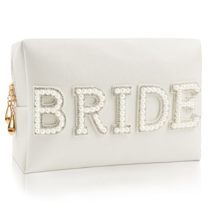 Picture of Kovewon Bride Patch Letter Makeup Bag for Women Bridesmaid Engagement Gift for Her White Pearl Rhinestone Travel Toiletry Bag Make Up Bag Pouch for Purse Bridal Shower Gifts for Engagement Wedding