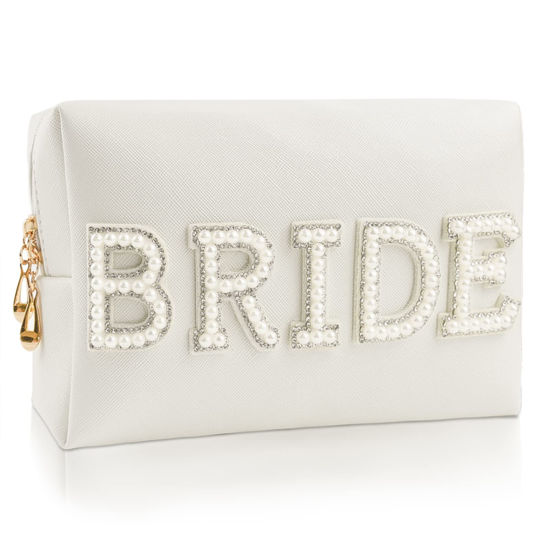 Picture of Kovewon Bride Patch Letter Makeup Bag for Women Bridesmaid Engagement Gift for Her White Pearl Rhinestone Travel Toiletry Bag Make Up Bag Pouch for Purse Bridal Shower Gifts for Engagement Wedding