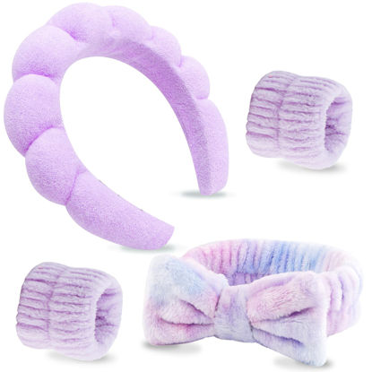 Picture of VELSCRUN 4 Pcs Face Wash and Makeup Hair Accessories Set - Colorful Purple Puffy Sponge Bow Tie Bubble Headbands and Wristbands for Women and Girls