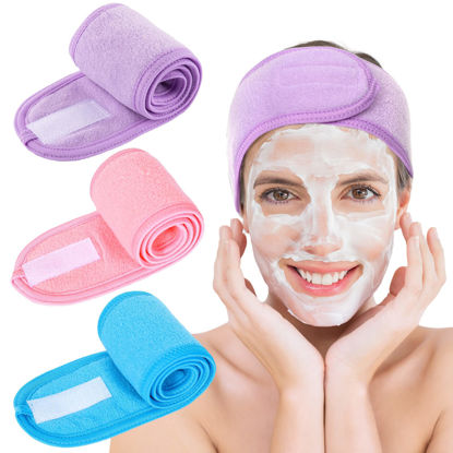 Picture of Whaline Spa Facial Headband Make Up Wrap Head Terry Cloth Headband Adjustable Towel Band for Face Washing Shower Facial Cover, 3 Pieces (Purple, Pink, Blue)