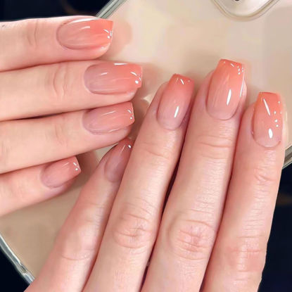 Picture of 24Pcs Square Press on Nails Medium RTKHFZE Fake Nails Orange Color Gradient Full Cover Acrylic Nails Glossy Artificial Nails Medium False Nails for Women Manicure