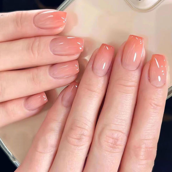 Picture of 24Pcs Square Press on Nails Medium RTKHFZE Fake Nails Orange Color Gradient Full Cover Acrylic Nails Glossy Artificial Nails Medium False Nails for Women Manicure