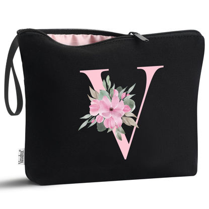 Picture of Vavabox A-Z Personalized Makeup Bag,Birthday Gifts for Women Mom,Gifts for Best Friend,Bride Bridesmaid Cosmetic bag (V, Black)
