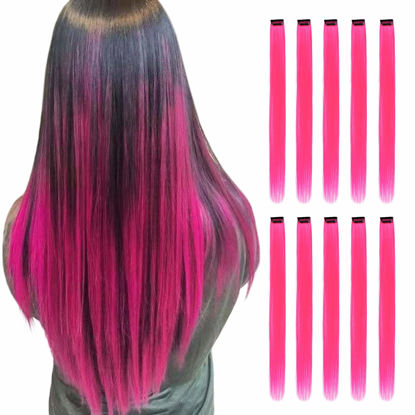 Picture of RINBOOOL Pink Hair Extensions Clip in, 22 Inch 10 Pcs Long Straight Colored, for Kids Girls Women Highlight Party, Synthetic