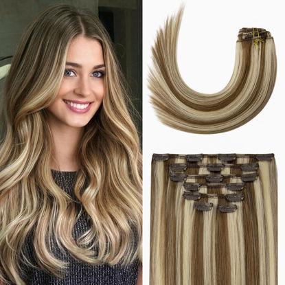 Picture of Aison Clip in Hair Extensions Real Human Hair 70G Light Brown to Blonde Highlights 100% Remy Human Hair Extensions Straight 7pcs 16clips(18 Inch #6P613) Highlight Clip in Hair Extensions