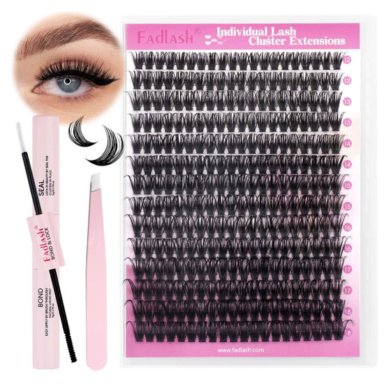 Picture of FADLASH DIY Lash Extension Kit Individual Lashes Cluster D Curl Eyelash Extension Kit with Lash Bond and Seal and Lash Applicator Tool for Self Application at Home (60D-0.07D-12-18MIX KIT)