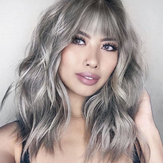 Picture of Ucubb Short Curly Wigs with Bangs for Women 14 Inches Wavy Bob Wig Synthetic Heat Resistant Fiber Wigs (R10A)