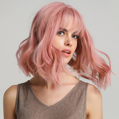 Picture of Ucubb Short Curly Wigs with Bangs for Women 14 Inches Wavy Bob Wig Synthetic Heat Resistant Fiber Wigs (608)