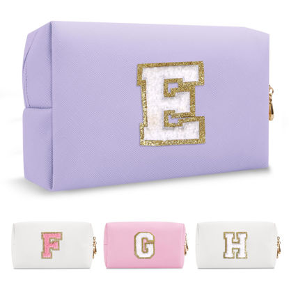 Picture of Personalized Makeup Bag Initial A-Z Preppy Patch Bag,Small PU Leather Travel Cosmetic Bag Pouch with Zipper,Purple Cute Toiletry Bag,Gift Ideal for Teen Girls Women Birthday Friend Mom,Latter E