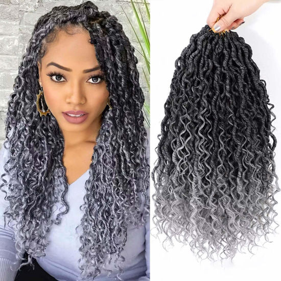 Picture of 12 Inch 8 Packs Goddess Locs Crochet Hair Faux Locs Crochet Hair for Women Pre Looped River Locs Crochet Hair with Curly Ends Synthetic (12 Inch 8 Packs, #1B/Grey)