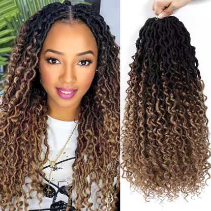 Picture of Ombre Goddess Locs Crochet Hair 18 Inch 8 Packs Faux Locs Crochet Hair for Women 3 Tone Boho River Locs Crochet Hair with Curly Ends (8 Packs 1B/30/27)