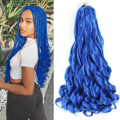 Picture of French Curly Braiding Hair 24 Inch Blue Color - Pre Stretched Bouncy Braiding Hair- Loose Wavy Braiding Hair Synthetic Hair Extensions For Black Women (24 inch 2 packs, Blue)