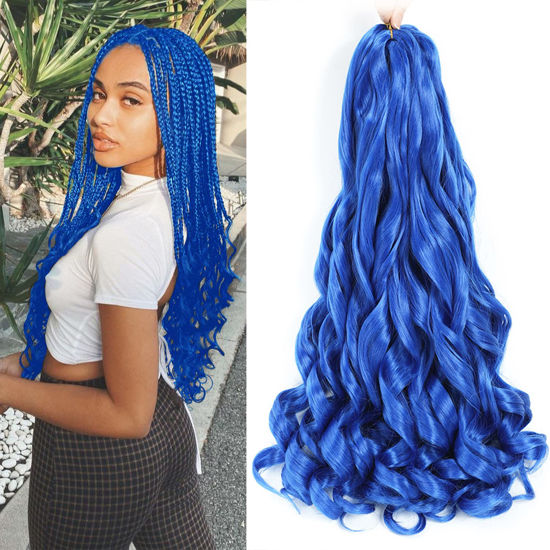 Picture of French Curly Braiding Hair 24 Inch Blue Color - Pre Stretched Bouncy Braiding Hair- Loose Wavy Braiding Hair Synthetic Hair Extensions For Black Women (24 inch 2 packs, Blue)