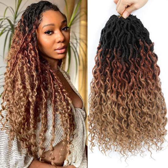 Picture of Col Bling Ombre Goddess Locs Crochet Hair 14 Inch 8 Packs Faux Locs Crochet Hair for Women 3 Tone Boho River Locs Crochet Hair with Curly Ends Synthetic Hair Style (#1B/30/27)