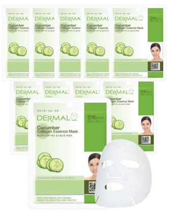 Picture of DERMAL Cucumber Collagen Essence Facial Mask Sheet 23g Pack of 10 - Soothing & Moisturizing, Redness & Sunburn Relief, Daily Skin Treatment Solution Sheet Mask