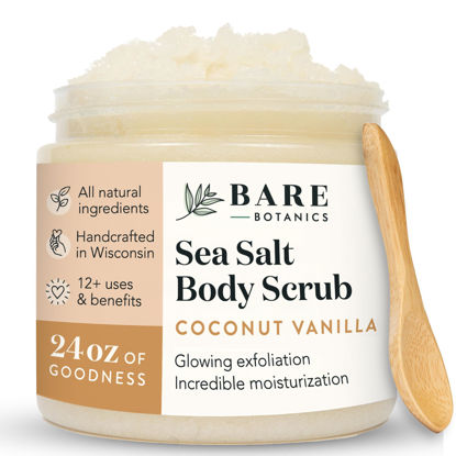 Picture of Bare Botanics Coconut Vanilla Body Scrub 24oz | Made in Madison, WI | All Natural Sea Salt Exfoliator w/ Skin Loving Moisturizers | Vegan & Cruelty Free | Gift Ready Packaging w/ a Cute Wooden Spoon