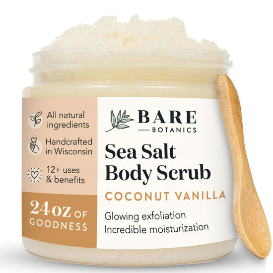 Picture of Bare Botanics Coconut Vanilla Body Scrub 24oz | Made in Madison, WI | All Natural Sea Salt Exfoliator w/ Skin Loving Moisturizers | Vegan & Cruelty Free | Gift Ready Packaging w/ a Cute Wooden Spoon