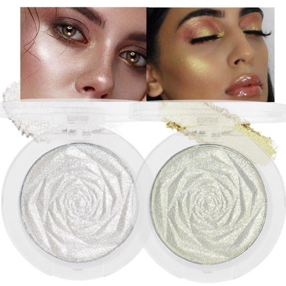 Picture of evpct Pearl White & Blonde Gold Face Highlighter Makeup Shimmer Glitter Diamond Sparkly Highlighters Makeup Palette Powder for Face Body Cheek iluminadores iluminador de jos maquillaje luminizers 1+2