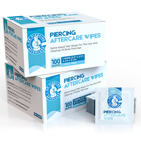 Picture of Dr. Piercing Aftercare Wipes - Piercing Aftercare | Saline Solution for Piercings - Keloid Bump Ear Piercing Cleaner - Ears Lips Belly Nose Piercing Bump - Piercing Hole Cleaner (200 Count)