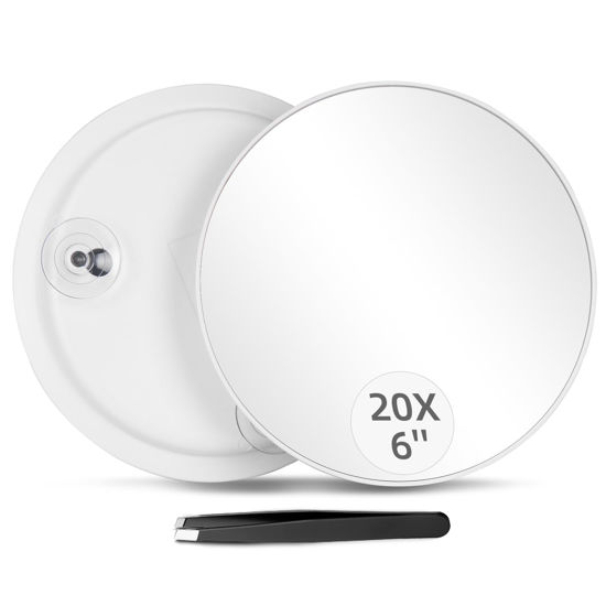 Picture of 20X Magnifying Mirror and Tweezers Kit, 6 Inch Round Magnifying Makeup Mirror, 20X Magnification Compact Mirror 3 Suction Cups Magnifier Travel Set, Portable Cosmetic Magnified Mirror for Women Men
