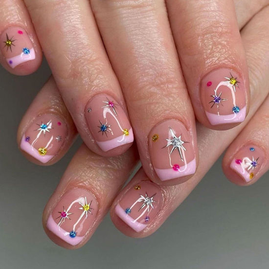 Picture of Short Press on Nails Square Fake with Star Designs French Tip Nails Press ons Glossy Glue on Nails Cute Acrylic Nails Pink Artificial Stick on Nails for Women 24Pcs