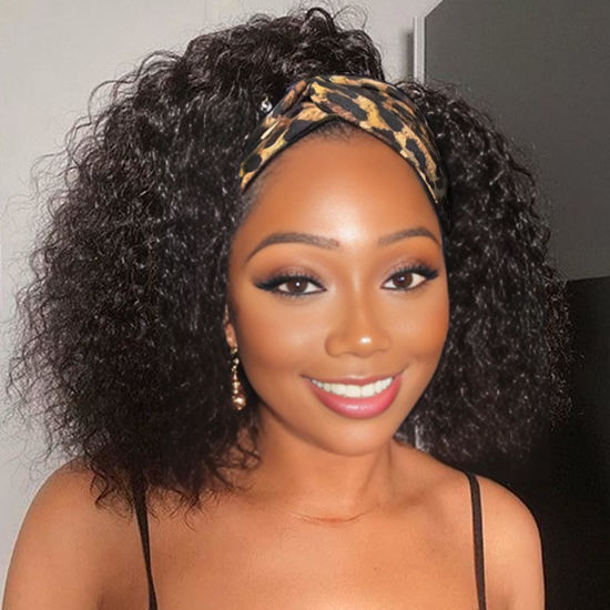 Picture of Headband Wig Human Hair Kinky Curly 14 inch Brazilian Remy Hair Curly None Lace Front Wigs Glueless Wigs Human Hair Curly for Black Women None Lace Front Machine Made Wigs Human Hair Natural Color