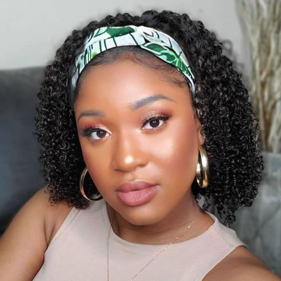 Picture of 12 inch Curly Headband Wig Human Hair Wigs Glueless Wigs Human Hair for Black Women None Lace Front Machine Made Wigs Human Hair Briazilian Scarf Wig No Gel Remy None Lace Front Wigs Natural Color