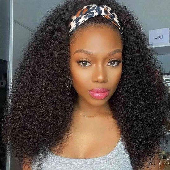 Picture of Aiterina Headband Wig Human Hair Kinky Curly None Lace Front Wig Curly Wave Human Hair Wig Curly None Lace Front Wigs Human Hair Scarf No Gel Gluelees Remy Hair Headband Wig Natural Colour 24 inch