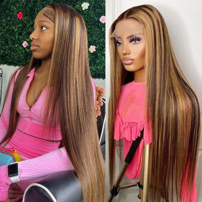 Picture of Lakin Highlight Ombre Lace Front Wigs Human Hair Pre Plucked Hairline with Baby Hair Bleached Knots 180 Density 4/27 4x4 Glueless Lace Closure Straight wig Human Hair Wigs for Black Women (26 inch)