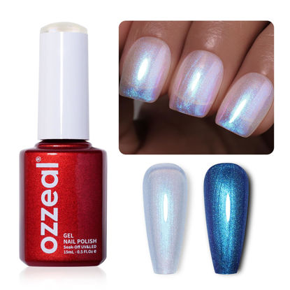 Picture of Pearl Gel Nail Polish, Blue Transparent Shimmer Shell Nail Gel Polish Glitter Mermaid Gel Polish Iridescent Pearlescent Sparkle Spring Summer Nail Polish Soak Off Led UV Manicure 15ML
