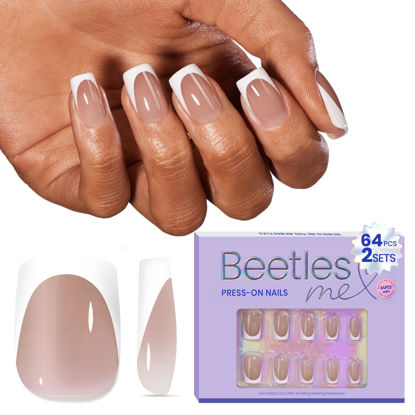 Picture of Beetles Short Square French Tip Press On Nails Brown 64 Pcs Pre-Shaped Fake Nails Reusable Nail Kit with Quick-drying Nail Glue Mini Manicure File DIY Home Salon in 16 Sizes Gifts for Women Girls