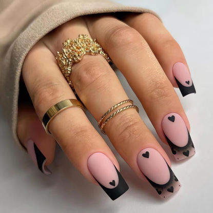 Picture of Medium Square Heart Press on Nails Black French Tip Fake Nails Matte Pink Glue on Nails with Black Hearts Cute Valentine’s Day Acrylic False Nails Heart Stick on Nails for Women Nail Art Decorations
