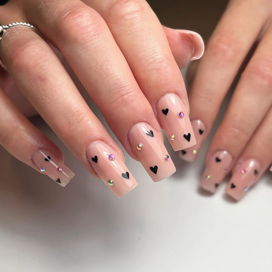 Picture of Medium Square Press on Nails Black Heart Fake Nails Glossy Finish Valentine’s Day Acrylic Nails Kit with Diamond Designs Full Cover Hearts Glue on False Nails Cute Stick on Nails for Women 24Pcs