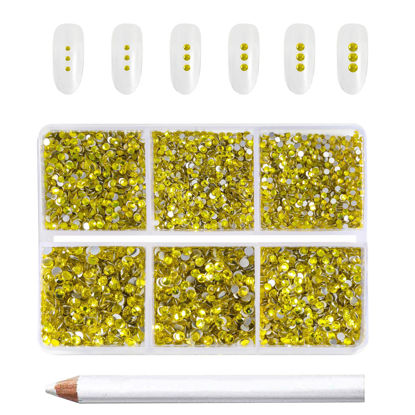 Picture of Beadsland 7200pcs Flatback Rhinestones,Yellow Rhinestones Nail Gems Round Crystal Rhinestones for Crafts,Mixed 6 Sizes with Wax Pencil Kit, SS3-SS10,Citrine/Lemon Yellow