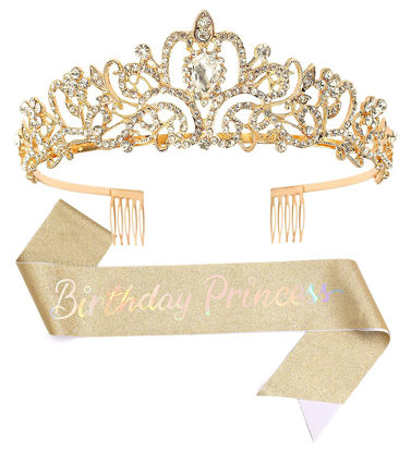 Picture of Papoopy Birthday Crown Tiara with sash for Women, Headband Hair Accessories for Birthday Party (A-Red)