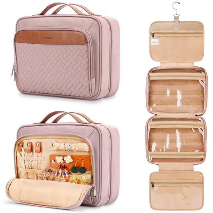 Picture of Travel Hanging Toiletry Bag for Women, with Jewelry Organizer Compartment, Medium Waterproof Hanging Makeup Accessories, Cosmetic Essentials, Toiletries Dopp Kit Set with Trolley Belt, Baby Pink