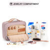 Picture of Travel Hanging Toiletry Bag for Women, with Jewelry Organizer Compartment, Medium Waterproof Hanging Makeup Accessories, Cosmetic Essentials, Toiletries Dopp Kit Set with Trolley Belt, Baby Pink