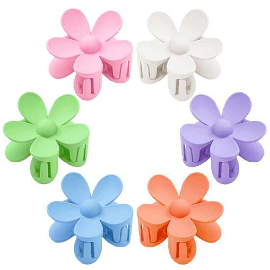 Picture of Flower Hair Clips 6 PCS Flower Claw Clips Daisy Clips for Women Matte Large Claw Clips Strong Hold Jaw Clamps Hair Accessories for Thick Hair 6 Colors