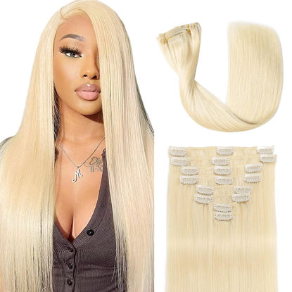 Picture of Clip in Hair Extensions Real Human Hair Clip ins 100% Brazilian Remy Human Hair Extension for Women Clip in Extensions 8pcs Per Set with 18 Clips Double Weft (90g #60 Platinum Blonde Color 22 Inch)