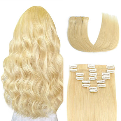 Picture of Tebelove Clip in Hair Extensions Real Human Hair 3.6oz/100g Clip ins 100% Brazilian Remy Human Hair Extension for Women 8pcs Per Set with 18 Clips Double Weft (#613 Bleach Blonde 16 Inch)