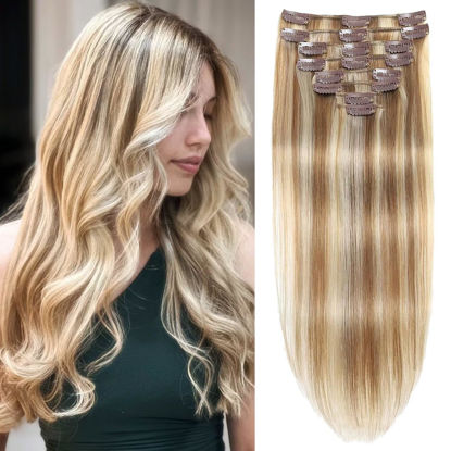 Picture of Tebelove Clip in Hair Extensions Real Human Hair 4.3oz/120g Clip ins 100% Human Hair Extension for Women 8pcs Per Set with 18 Clips Double Weft (#16/22 Light Blonde to Golden Blonde 24 Inch)