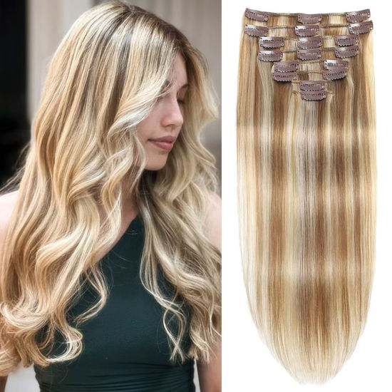Picture of Tebelove Clip in Hair Extensions Real Human Hair 4.3oz/120g Clip ins 100% Human Hair Extension for Women 8pcs Per Set with 18 Clips Double Weft (#16/22 Light Blonde to Golden Blonde 24 Inch)