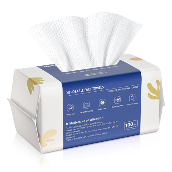 Picture of vammots Disposable Face Towels,Biodegradable Ultra Soft Washcloths for Sensitive Skin,Suitable for Facial Cleansing,Skin care and Makeup Removal,Lint-free,Trave,Daily Cleansing,100 Count